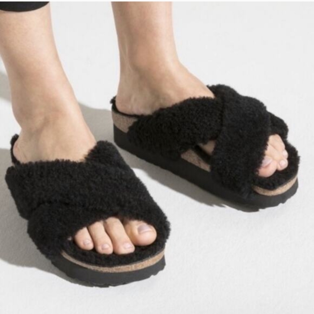 Birkenstock Papillio Women's Daytona Black Shearling Slide Platform Cork Shoes 9